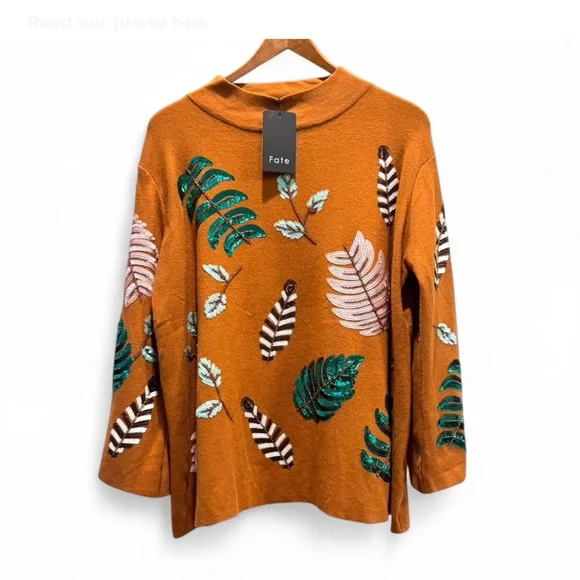 Fate | Womenβs Boho Style Orange Leaf Pattern Sweater w/ Wide Sleeves | L | NWT - Picture 1 of 7